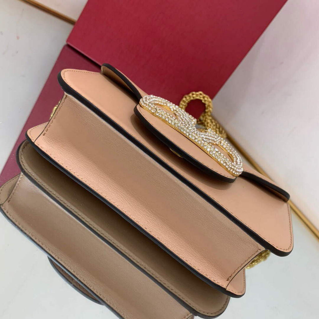 Valentino WB0K53ZXL Star diamond Loc¨° Small Shoulder Bag in Calfskin Apricot