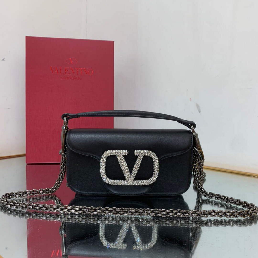 Valentino WB0K53ZXL Star diamond Loc¨° Small Shoulder Bag in Calfskin Black