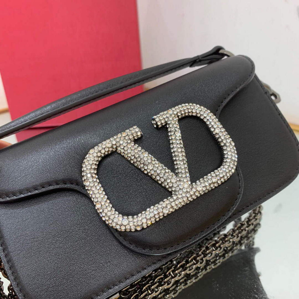 Valentino WB0K53ZXL Star diamond Loc¨° Small Shoulder Bag in Calfskin Black