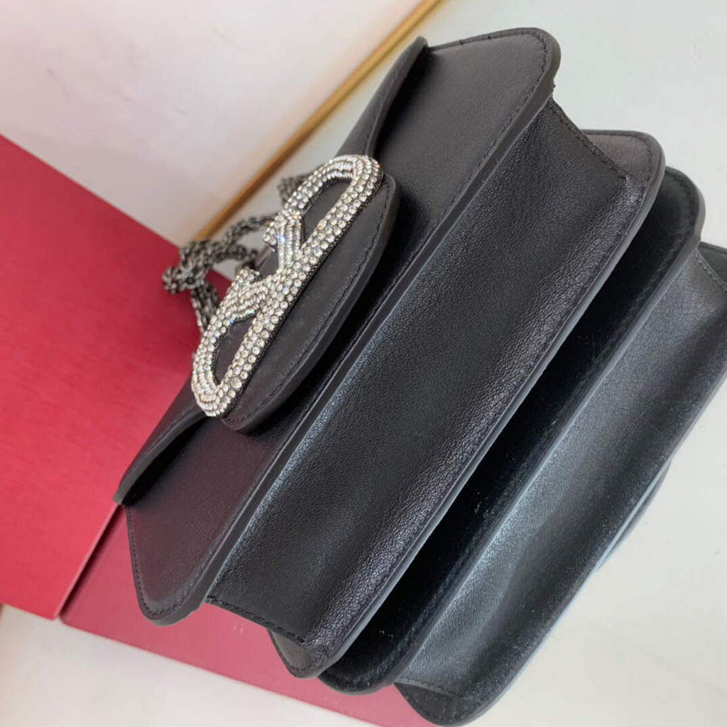 Valentino WB0K53ZXL Star diamond Loc¨° Small Shoulder Bag in Calfskin Black