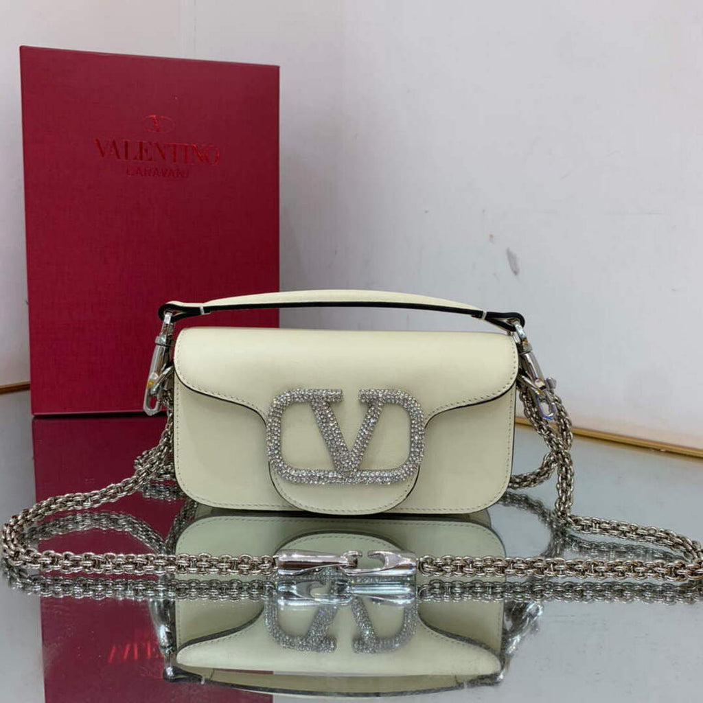 Valentino WB0K53ZXL Star diamond Loc¨° Small Shoulder Bag in Calfskin Light Ivory