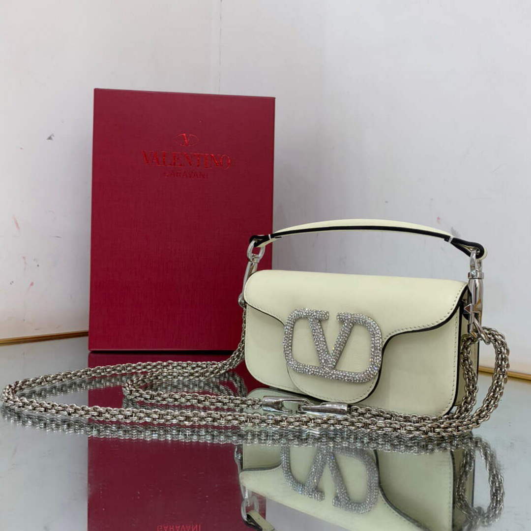 Valentino WB0K53ZXL Star diamond Loc¨° Small Shoulder Bag in Calfskin Light Ivory