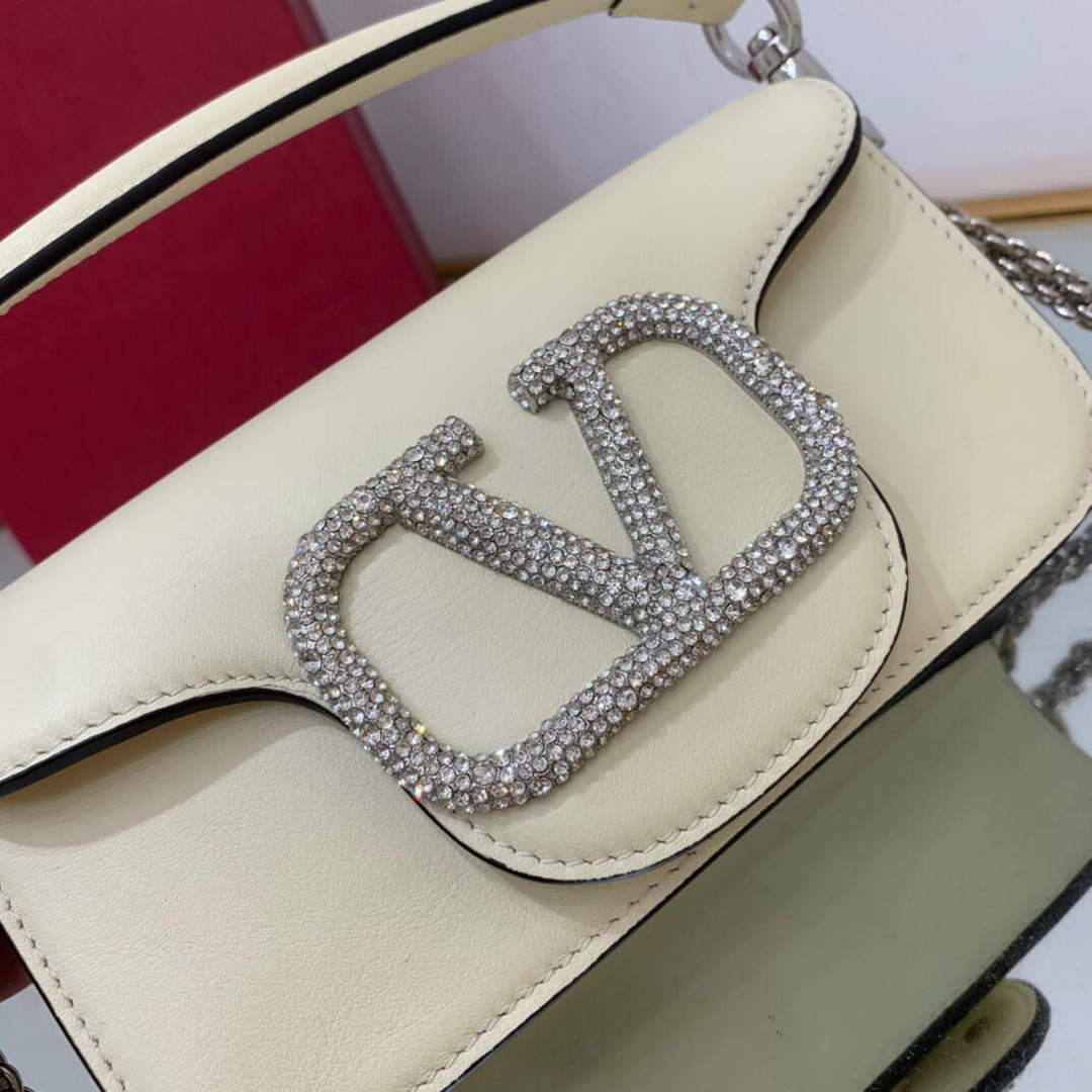 Valentino WB0K53ZXL Star diamond Loc¨° Small Shoulder Bag in Calfskin Light Ivory