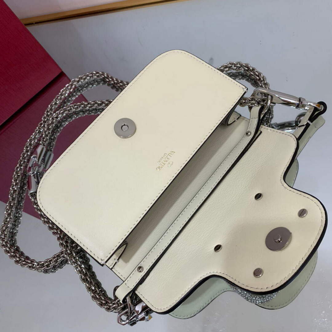Valentino WB0K53ZXL Star diamond Loc¨° Small Shoulder Bag in Calfskin Light Ivory