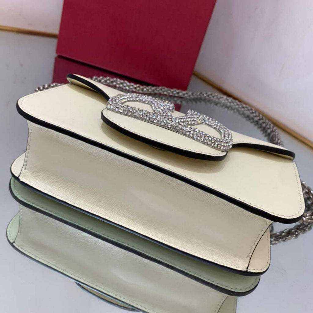Valentino WB0K53ZXL Star diamond Loc¨° Small Shoulder Bag in Calfskin Light Ivory