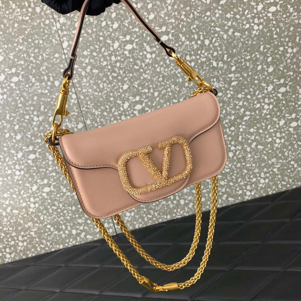 Valentino WB0K53ZXL Star diamond Loc¨° Small Shoulder Bag in Calfskin Nude Pink