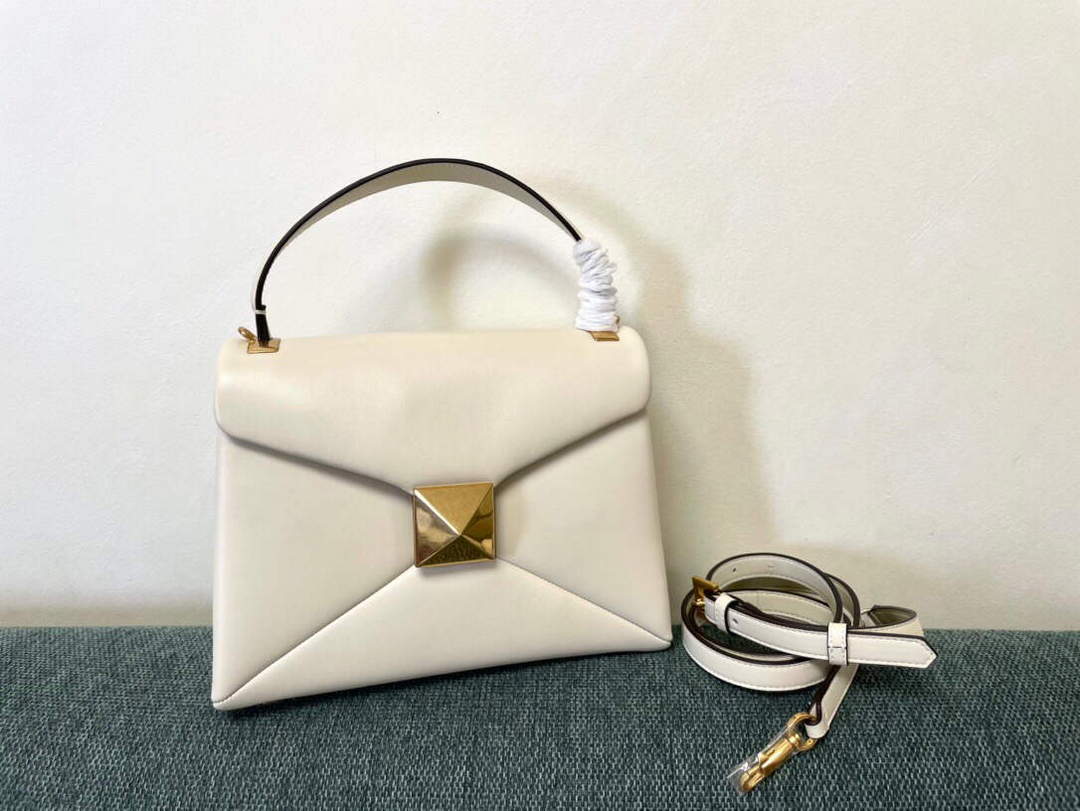 Valentino WB0K58ILK Medium One Stud Grainy Calfskin Handbag Light Ivory - Default Title - View 1