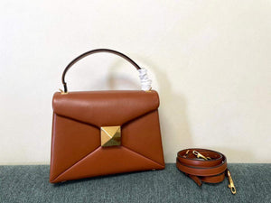 Valentino WB0K58ILK Medium One Stud Grainy Calfskin Handbag Brown - Default Title - View 1