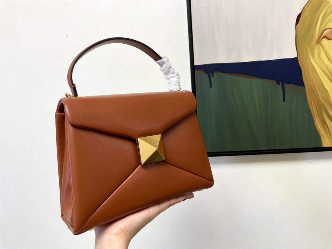 Valentino WB0K58ILK Medium One Stud Grainy Calfskin Handbag Brown