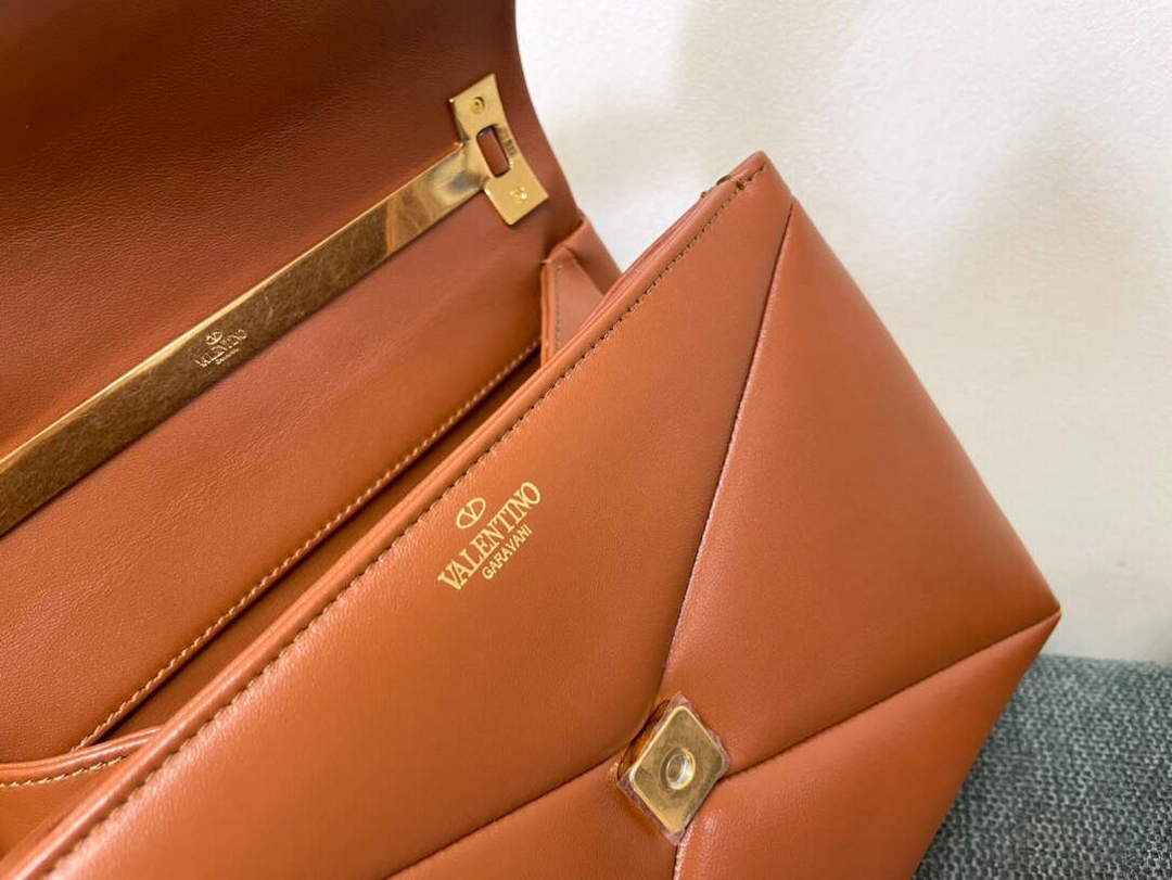 Valentino WB0K58ILK Medium One Stud Grainy Calfskin Handbag Brown