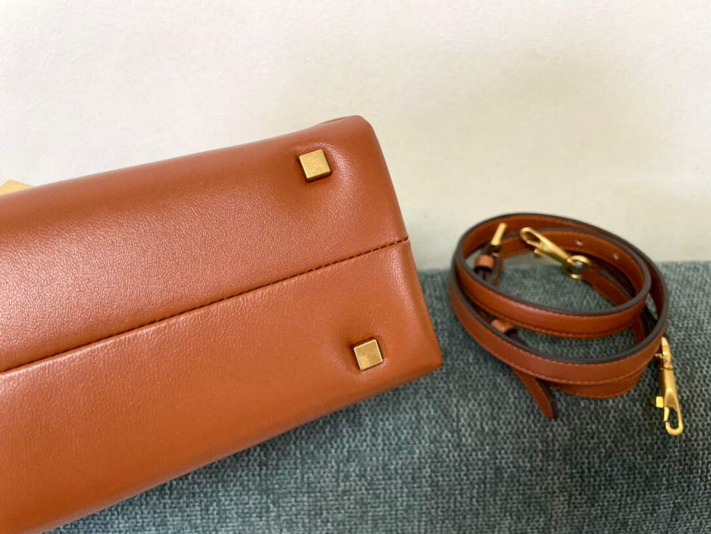 Valentino WB0K58ILK Medium One Stud Grainy Calfskin Handbag Brown