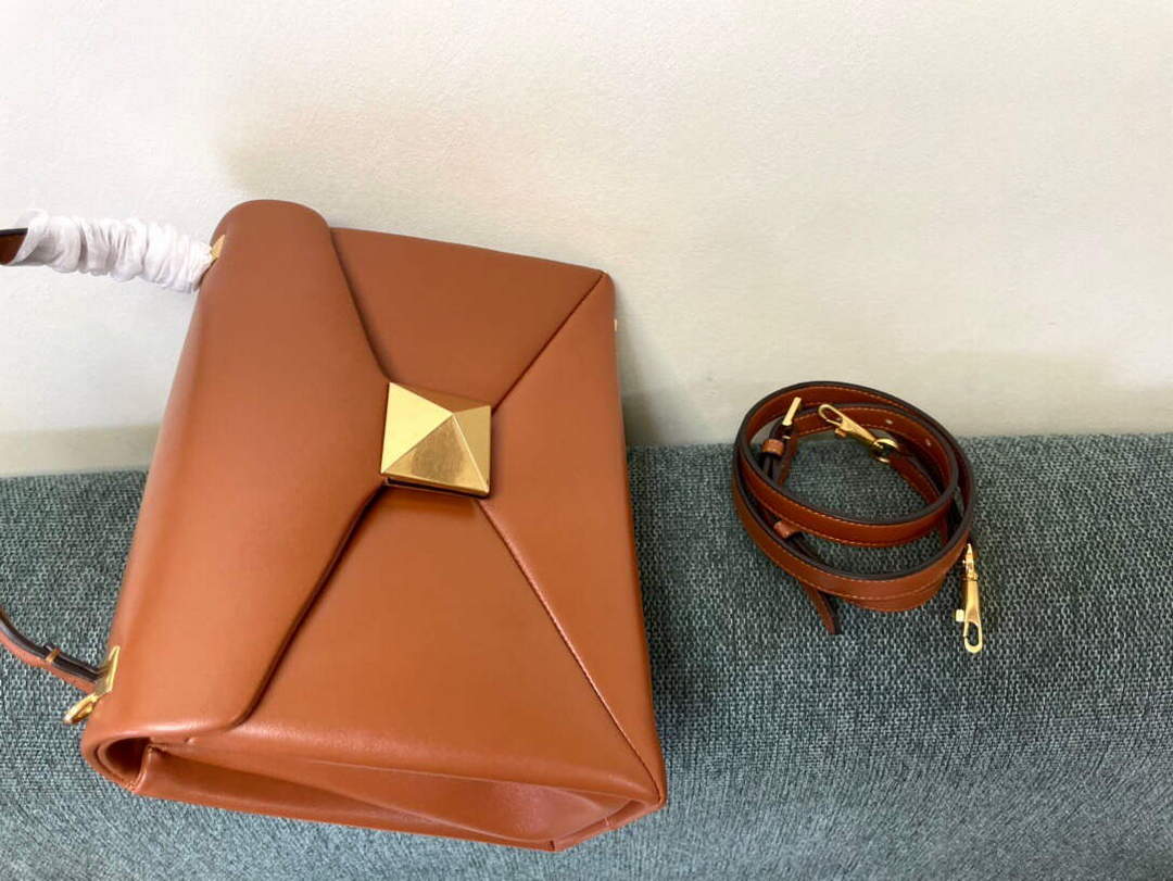 Valentino WB0K58ILK Medium One Stud Grainy Calfskin Handbag Brown