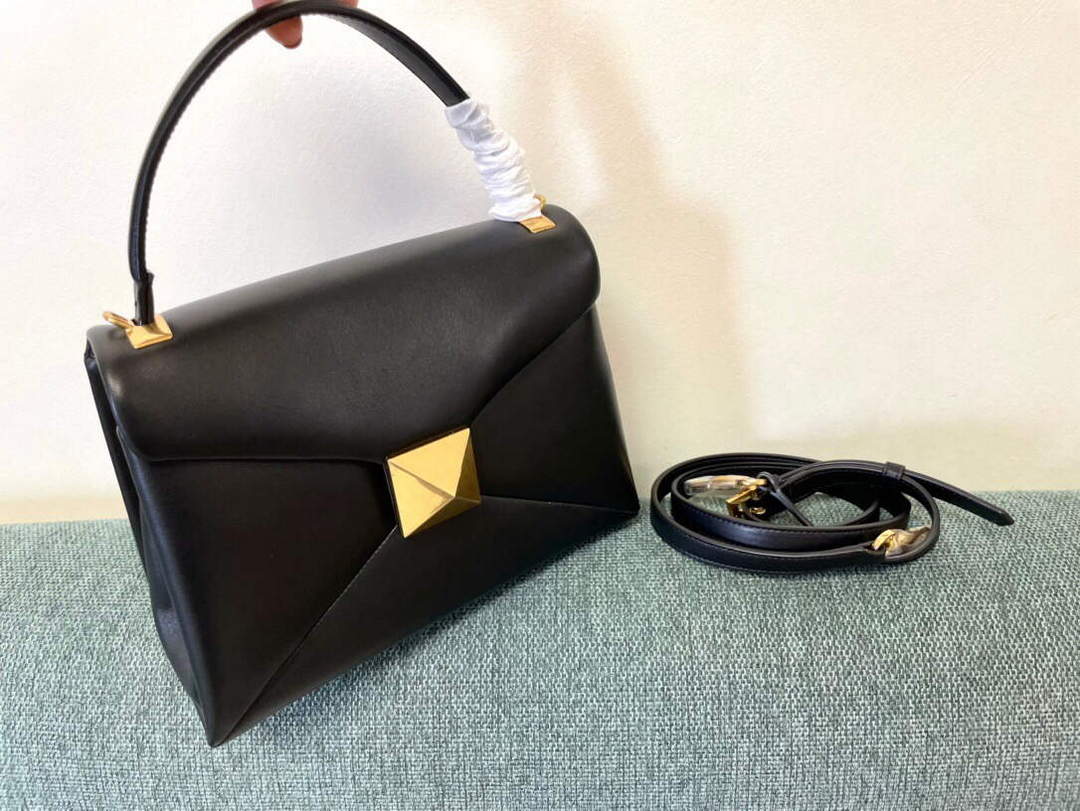 Valentino WB0K58ILK Medium One Stud Grainy Calfskin Handbag Black