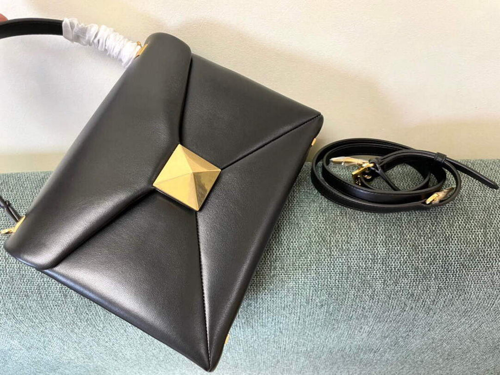 Valentino WB0K58ILK Medium One Stud Grainy Calfskin Handbag Black