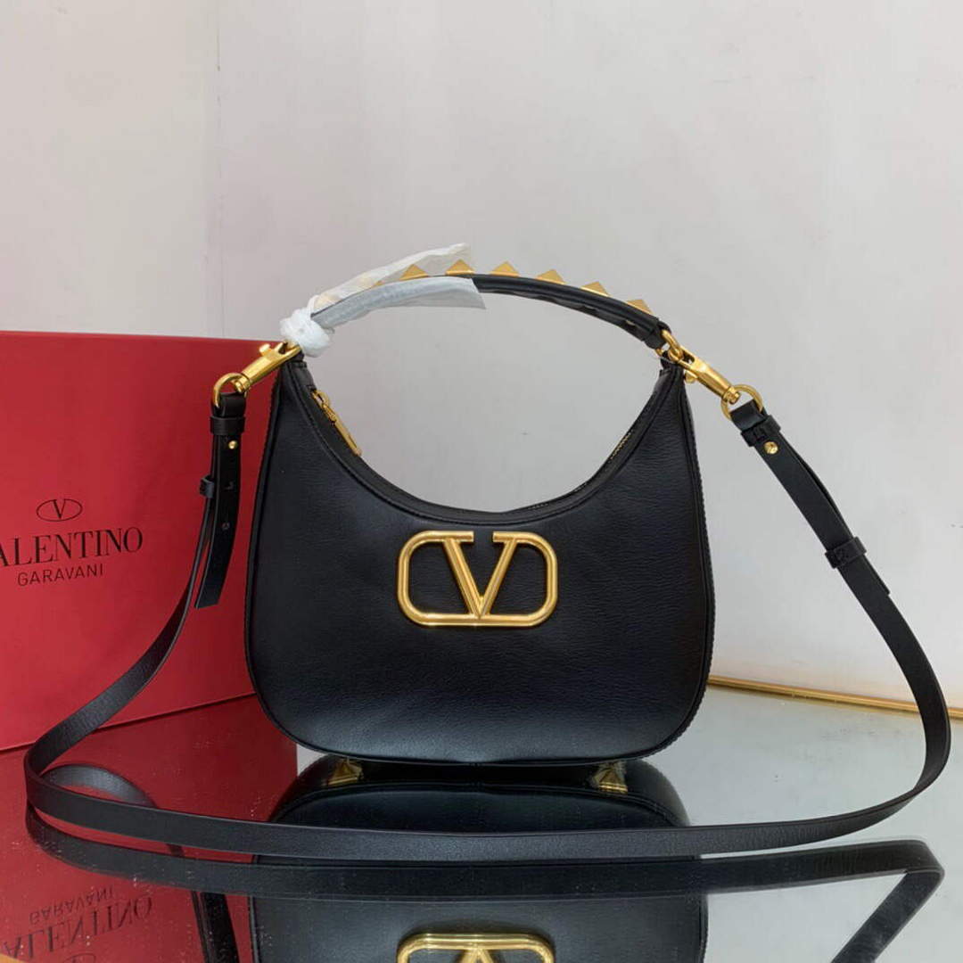 Valentino WB0K69EIM Stud Sign Calfskin Hobo Bag Black - Default Title - View 1