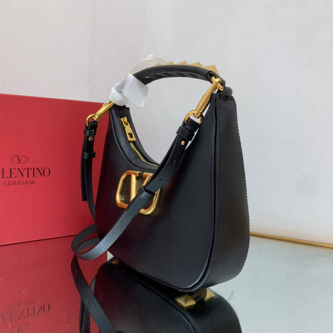 Valentino WB0K69EIM Stud Sign Calfskin Hobo Bag Black