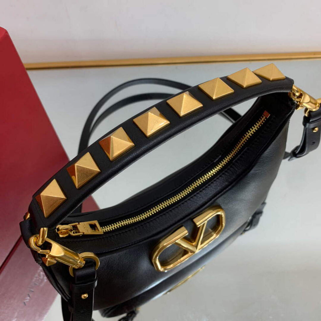 Valentino WB0K69EIM Stud Sign Calfskin Hobo Bag Black
