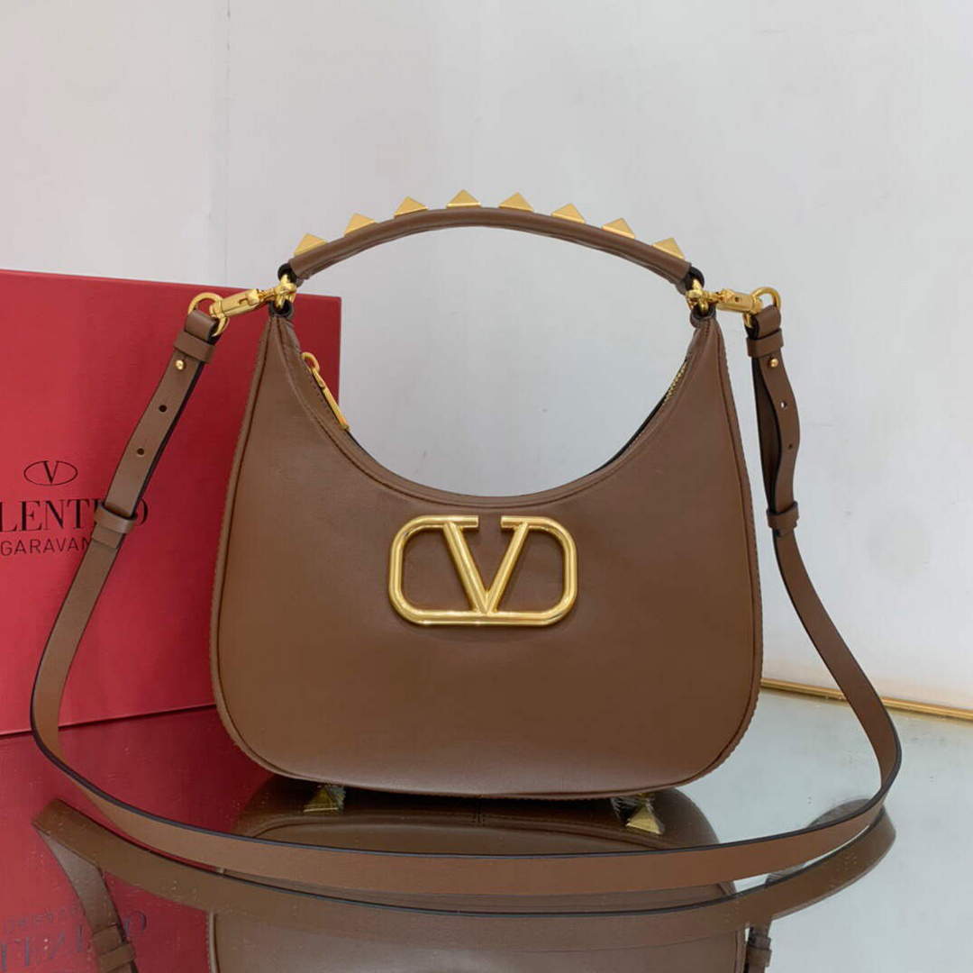 Valentino WB0K69EIM Stud Sign Calfskin Hobo Bag Brown