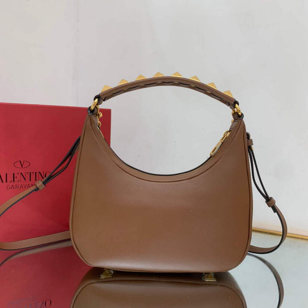 Valentino WB0K69EIM Stud Sign Calfskin Hobo Bag Brown
