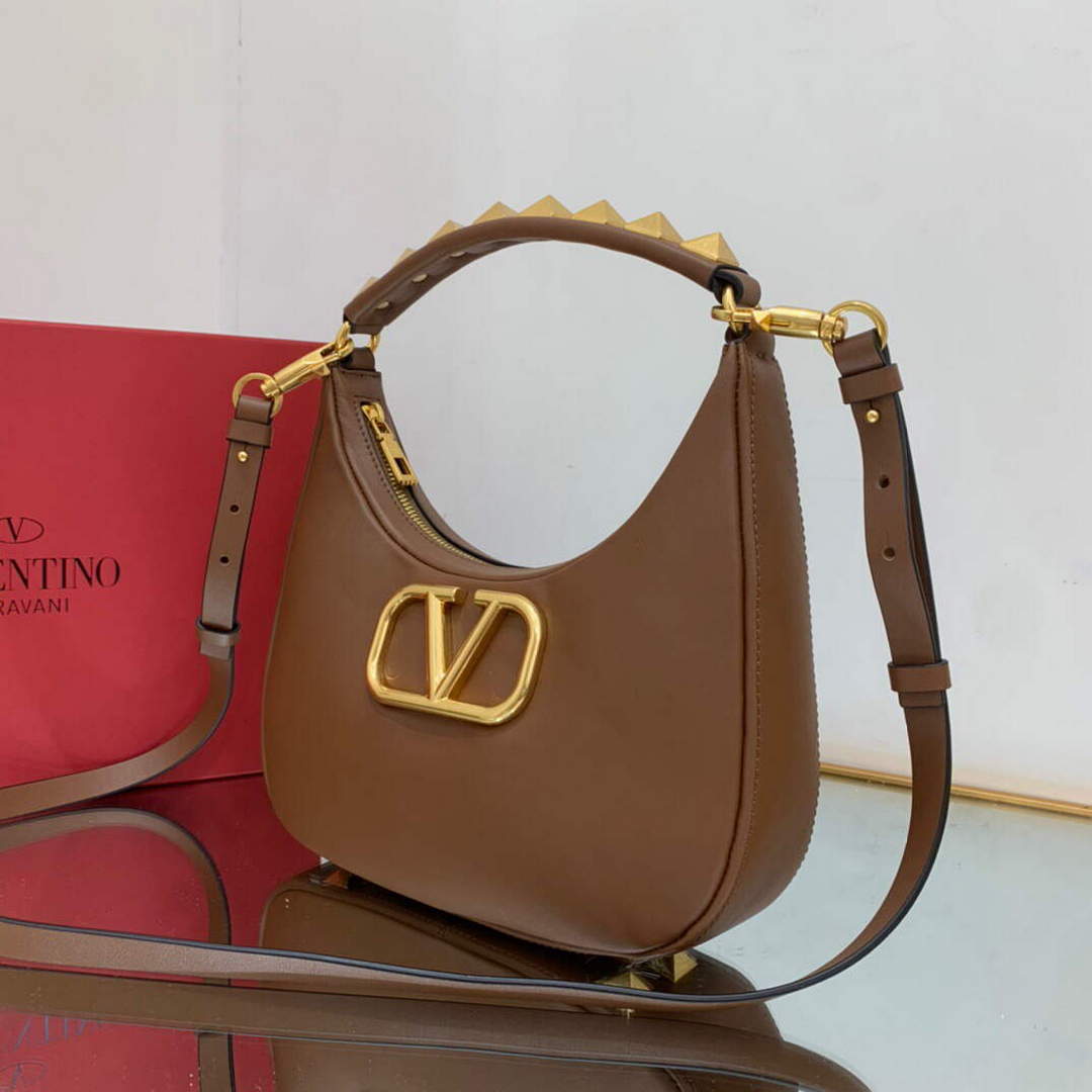 Valentino WB0K69EIM Stud Sign Calfskin Hobo Bag Brown