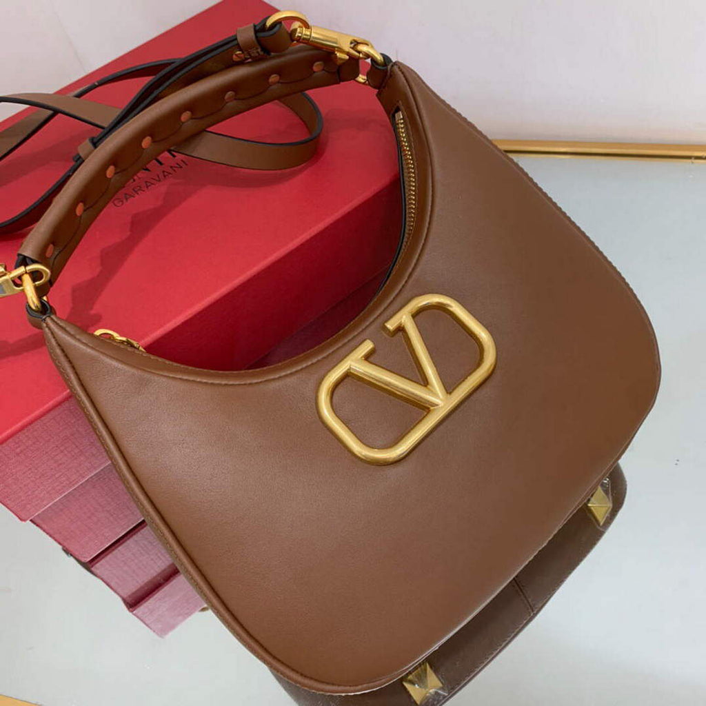 Valentino WB0K69EIM Stud Sign Calfskin Hobo Bag Brown