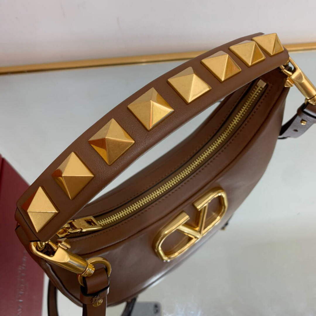 Valentino WB0K69EIM Stud Sign Calfskin Hobo Bag Brown