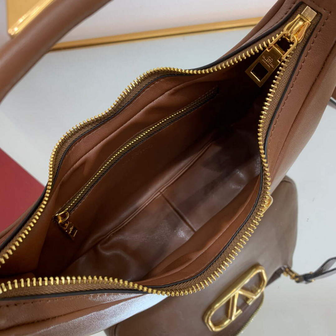 Valentino WB0K69EIM Stud Sign Calfskin Hobo Bag Brown