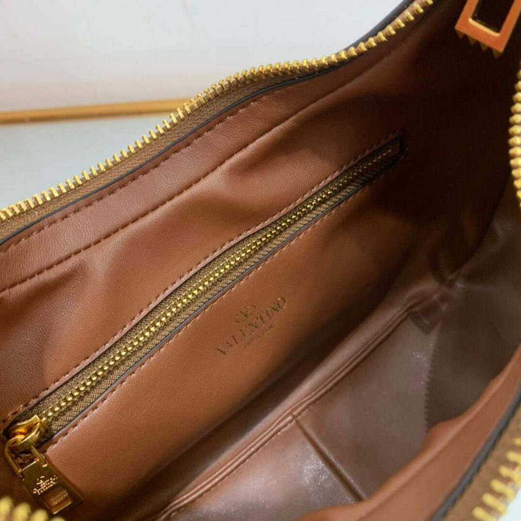 Valentino WB0K69EIM Stud Sign Calfskin Hobo Bag Brown