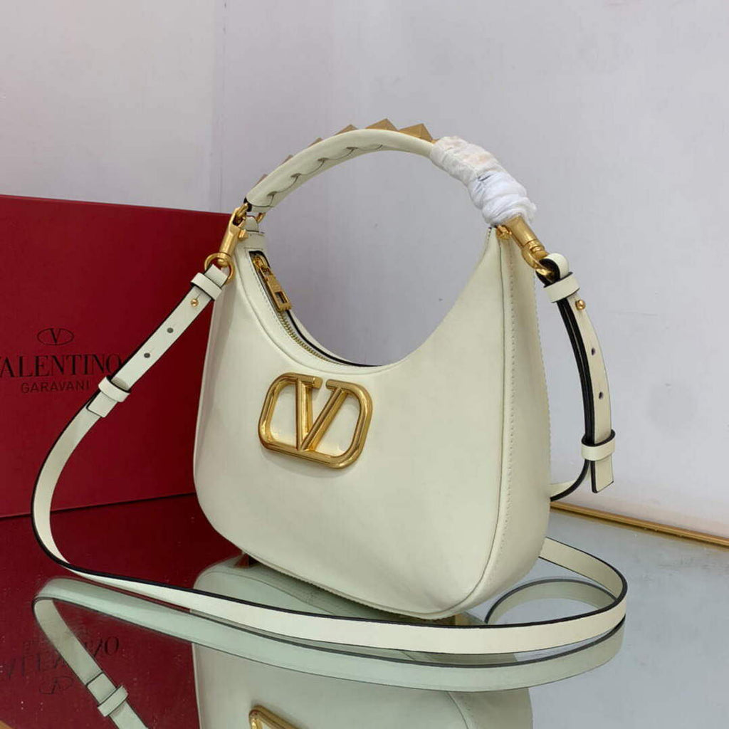Valentino WB0K69EIM Stud Sign Calfskin Hobo Bag Light Ivory