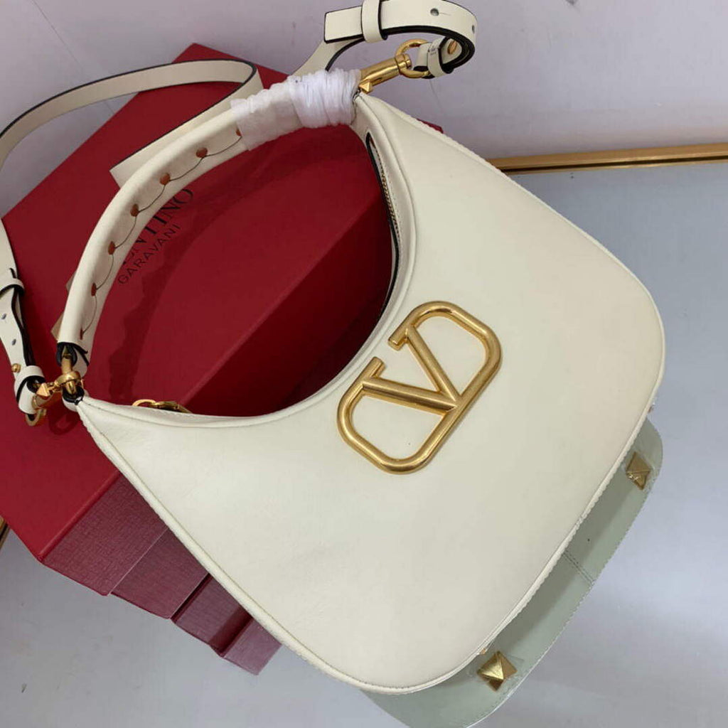 Valentino WB0K69EIM Stud Sign Calfskin Hobo Bag Light Ivory