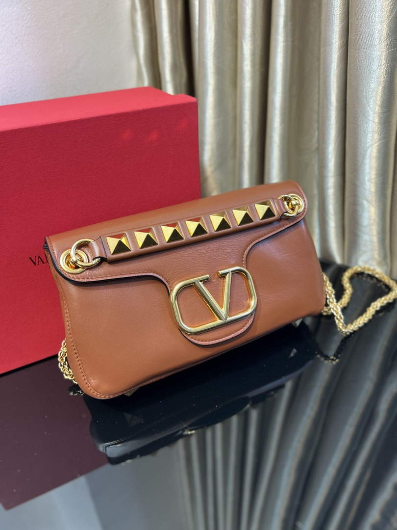 Valentino XW2B0K26 Stud Sign Nappa Shoulder Bag Brown