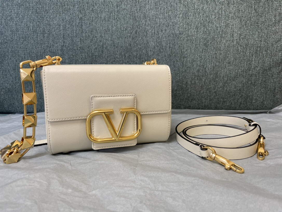 Valentino XW2B0J96 Stud Sign Grainy Calfskin Shoulder Bag Beige