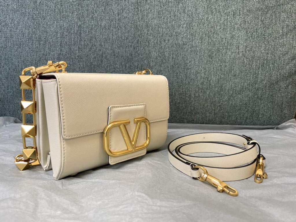 Valentino XW2B0J96 Stud Sign Grainy Calfskin Shoulder Bag Beige