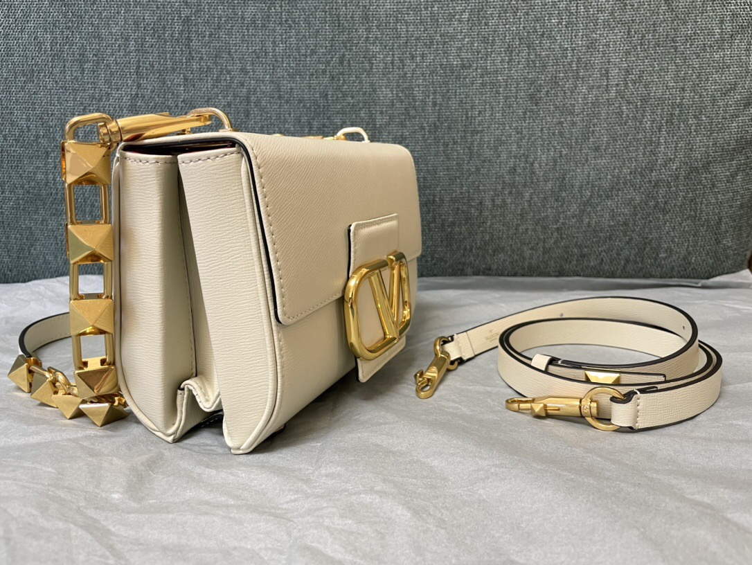 Valentino XW2B0J96 Stud Sign Grainy Calfskin Shoulder Bag Beige