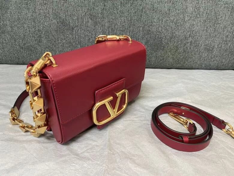 Valentino XW2B0J96 Stud Sign Grainy Calfskin Shoulder Bag Wine Red