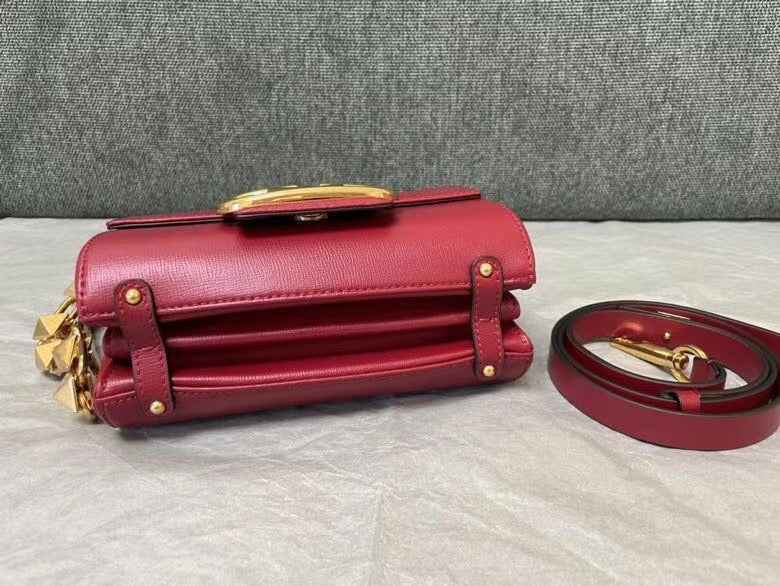 Valentino XW2B0J96 Stud Sign Grainy Calfskin Shoulder Bag Wine Red