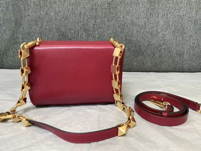 Valentino XW2B0J96 Stud Sign Grainy Calfskin Shoulder Bag Wine Red