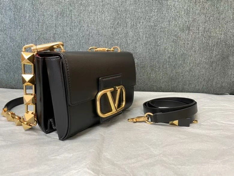 Valentino XW2B0J96 Stud Sign Grainy Calfskin Shoulder Bag Black