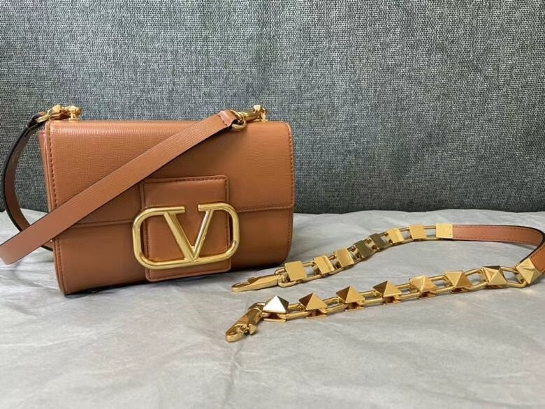 Valentino XW2B0J96 Stud Sign Grainy Calfskin Shoulder Bag Brown