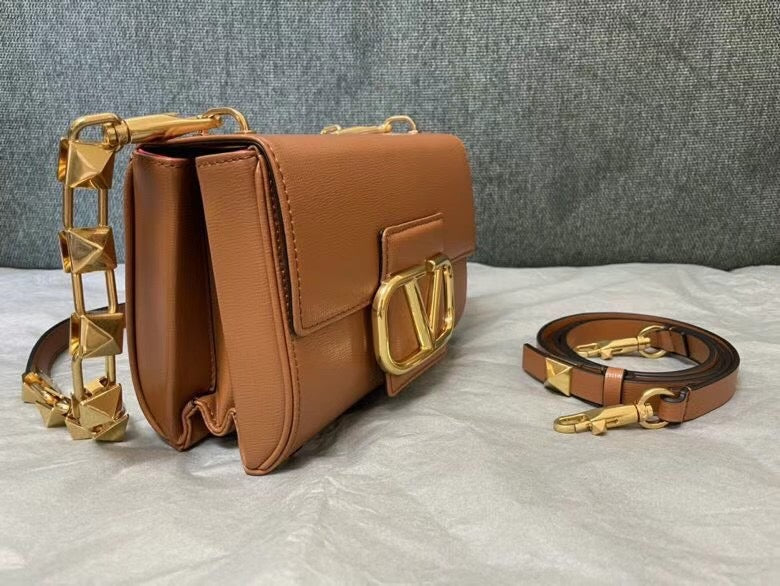 Valentino XW2B0J96 Stud Sign Grainy Calfskin Shoulder Bag Brown