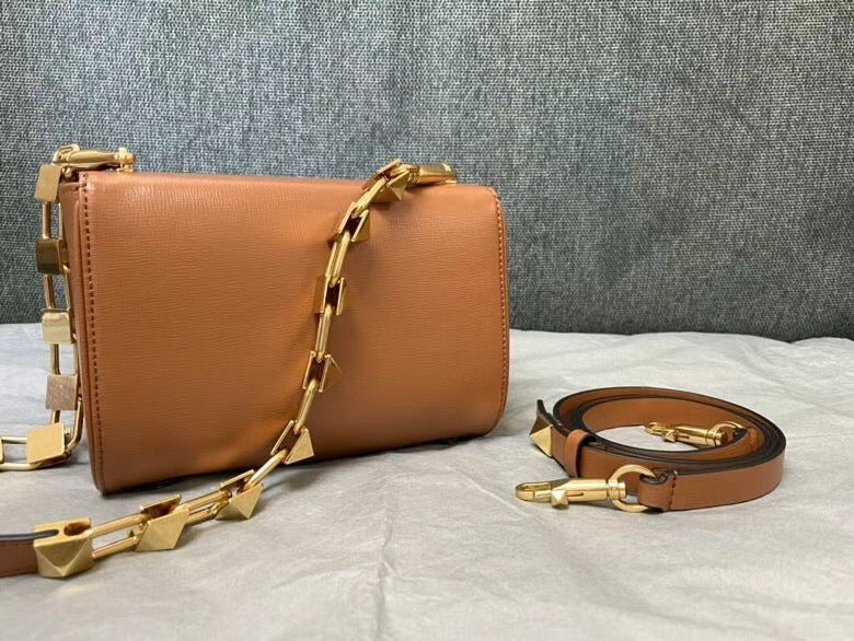 Valentino XW2B0J96 Stud Sign Grainy Calfskin Shoulder Bag Brown