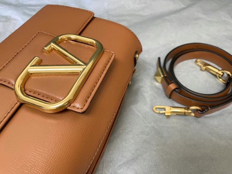 Valentino XW2B0J96 Stud Sign Grainy Calfskin Shoulder Bag Brown
