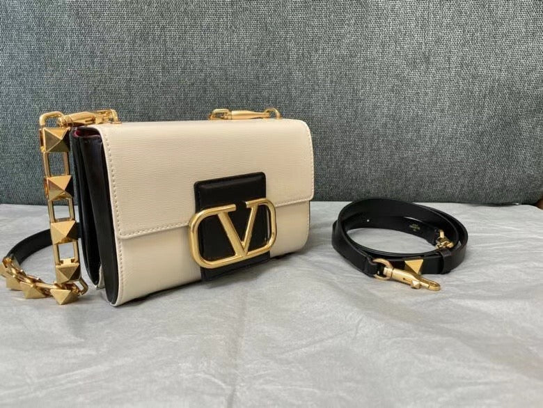 Valentino XW2B0J96 Stud Sign Grainy Calfskin Shoulder Bag Beige and Black