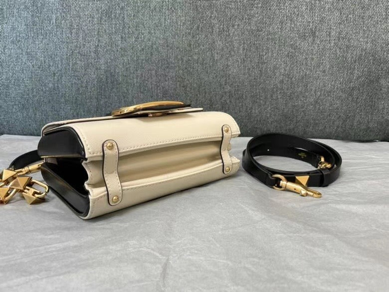 Valentino XW2B0J96 Stud Sign Grainy Calfskin Shoulder Bag Beige and Black
