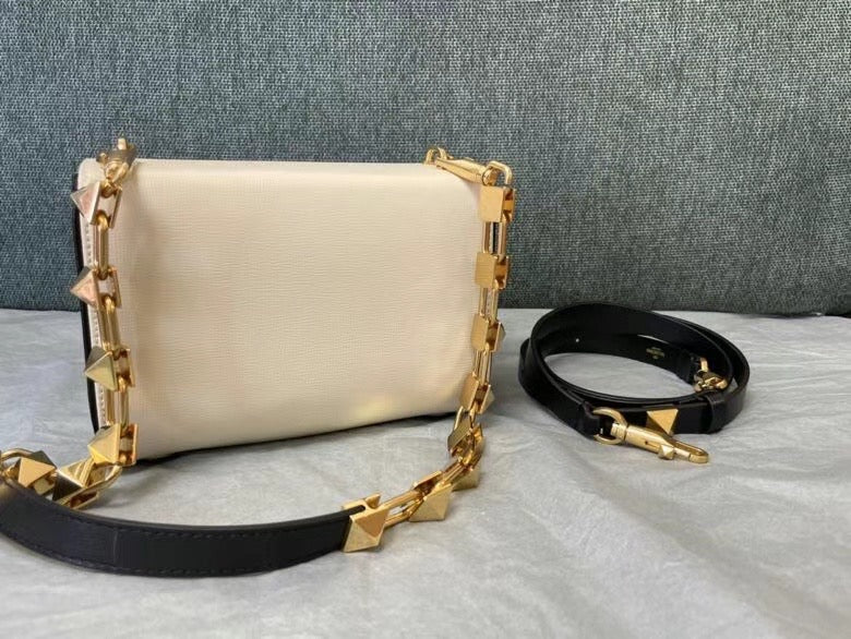 Valentino XW2B0J96 Stud Sign Grainy Calfskin Shoulder Bag Beige and Black