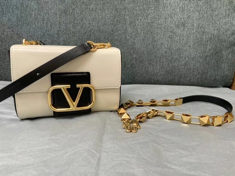 Valentino XW2B0J96 Stud Sign Grainy Calfskin Shoulder Bag Beige and Black