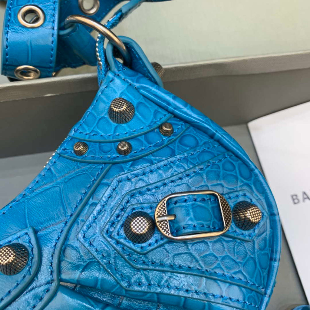 Balenciaga 700940210 Women's Neo Cagole XS Handbag in Crocodile Embossed Blue