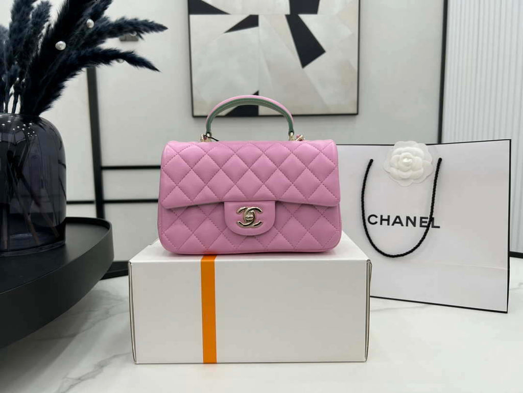Chanel AS2431 Mini flap Pink with Green Lambskin bag with top handle Gold