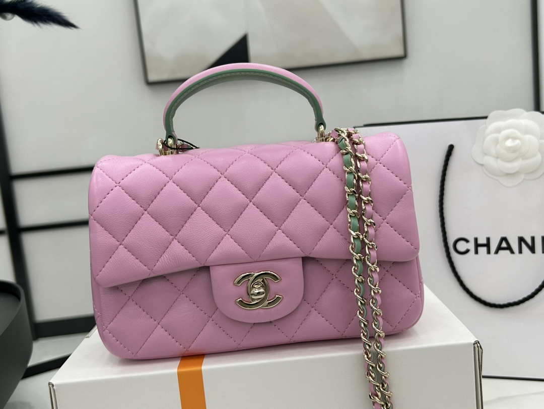 Chanel AS2431 Mini flap Pink with Green Lambskin bag with top handle Gold - Default Title - View 2