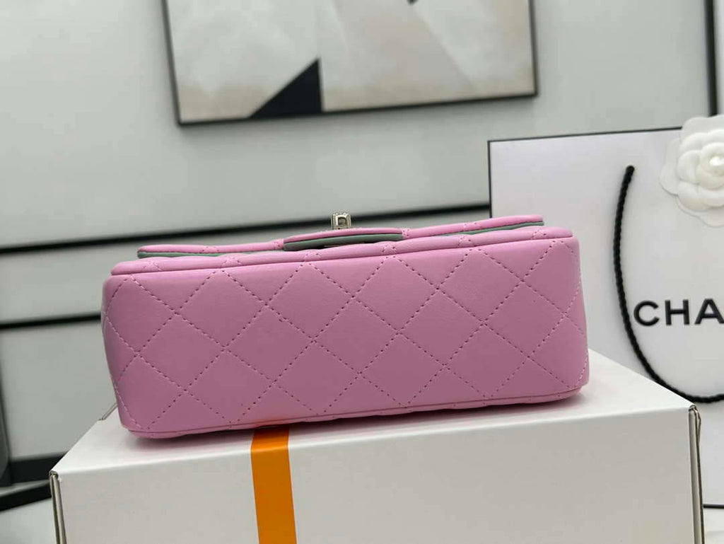 Chanel AS2431 Mini flap Pink with Green Lambskin bag with top handle Gold